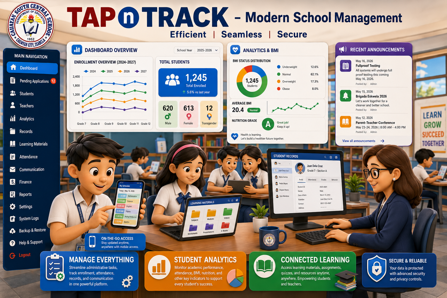 CSCS Tap n Track — modern school management overview